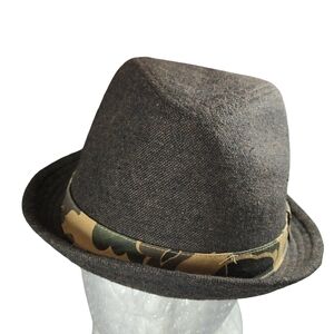 Blue Crown Brown Fedora with Camouflage Band Size L